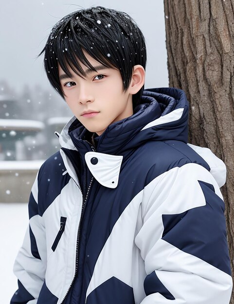 Anime boy snow and wear jacket in winter season