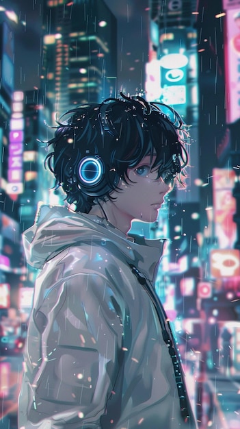 anime boy with headphones in the rain in a city generative ai