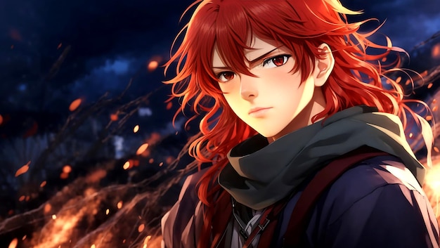 An anime boy with long flowing red hair and a determined look ai generated