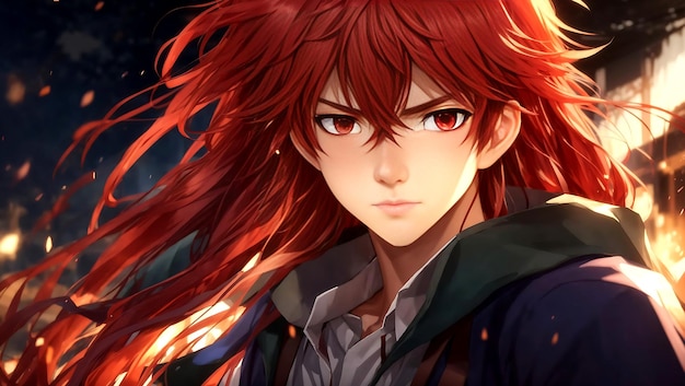 An anime boy with long flowing red hair and a determined look ai generated