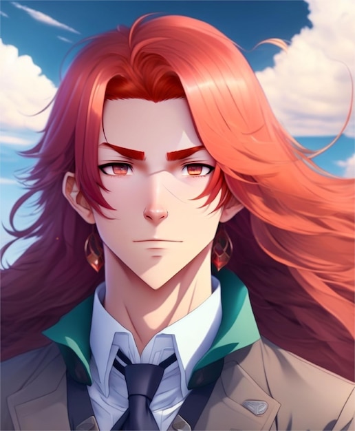 An anime boy with long flowing red hair