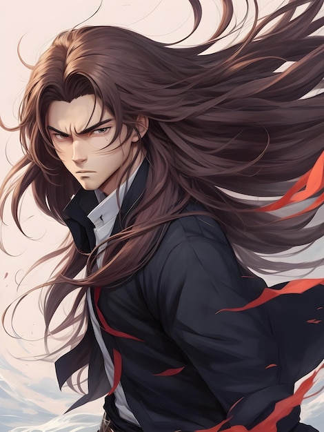 An Anime Boy with long flowing Red and white Hairs