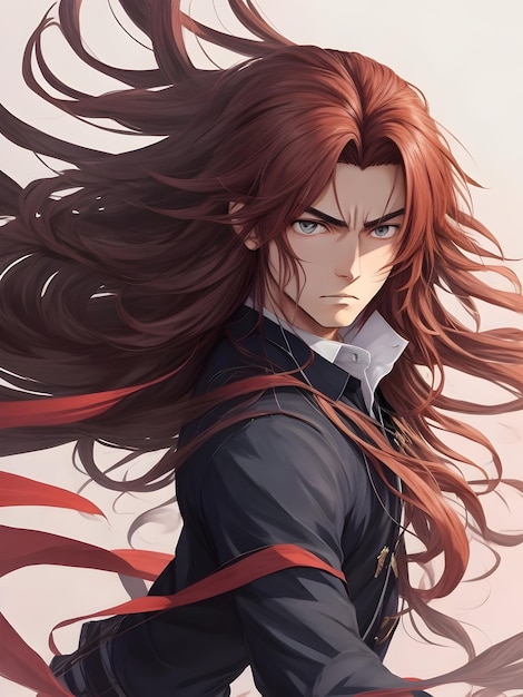 An Anime Boy with long flowing Red and white Hairs