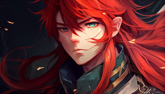 An anime boy with red long hair