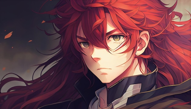 An anime boy with red long hair