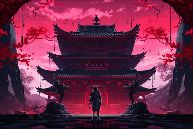 anime cartoon neon A samurai stands in front of a japanese temple