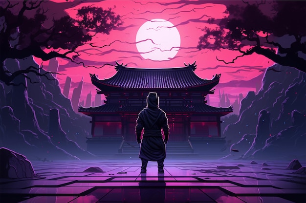 anime cartoon neon A samurai stands in front of a japanese temple