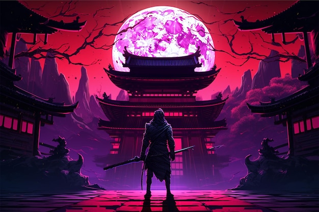 anime cartoon neon A samurai stands in front of a japanese temple