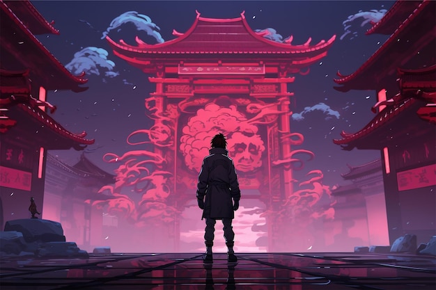 anime cartoon neon A samurai stands in front of a japanese temple