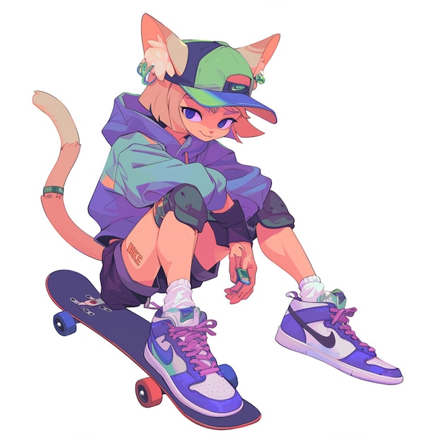 anime cat with a hat and a skateboard generative ai