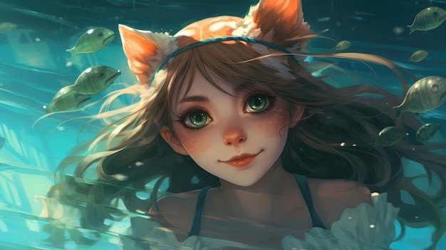 Anime catgirl with pointy ears as a mermaid swimming underwater