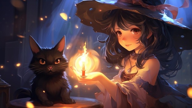 Anime catgirl with pointy ears and a cute witch hat casting a spell