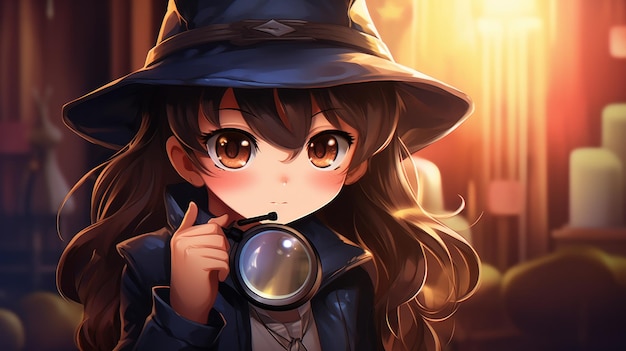 Anime catgirl with pointy ears and a detective hat holding a magnifying glass