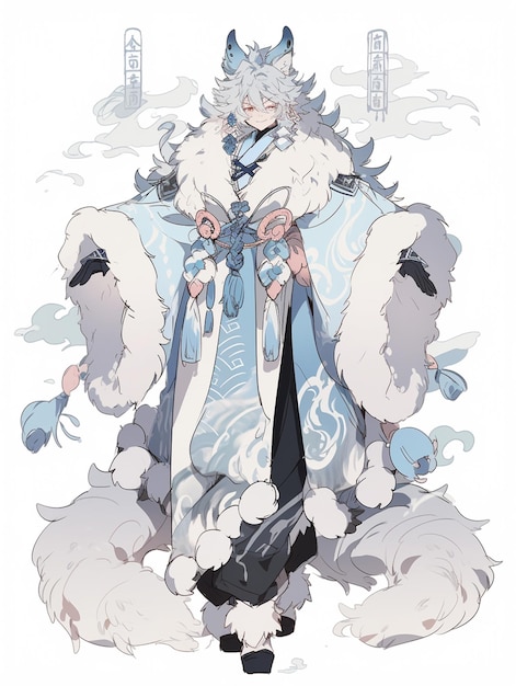 anime character dressed in white and blue with a furry coat generative ai