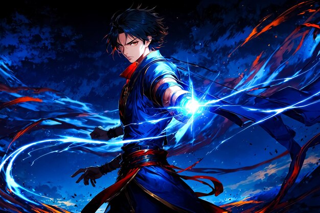 Photo anime character with blue and red energy flowing around him