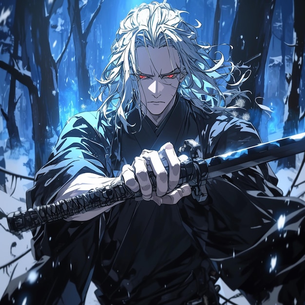 anime character with sword in snowy forest with blue light generative ai