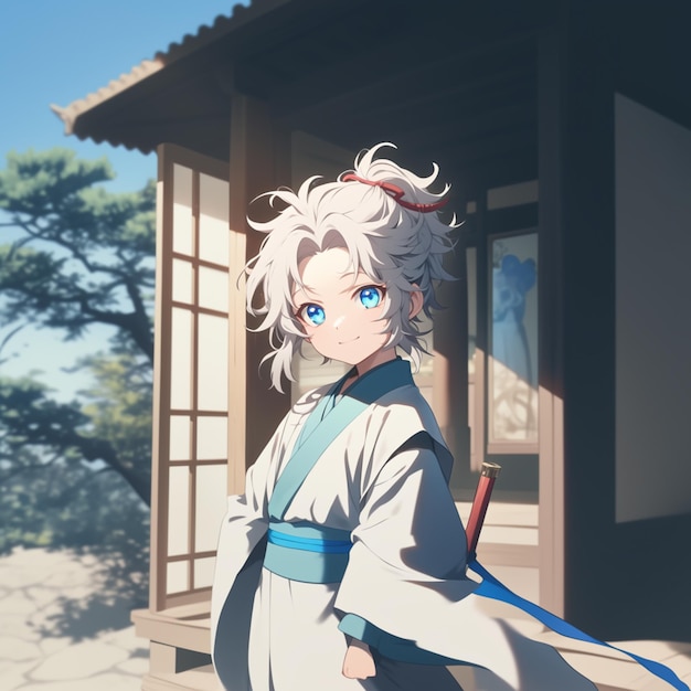 anime character with white hair and blue eyes standing in front of a building generative ai