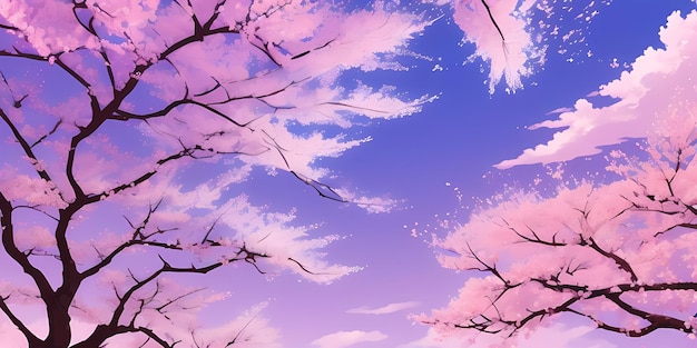 Anime Cherry Blossom Forest Scenic Japanese Pink Sakura Trees Mount Fuji lake reflection day sky