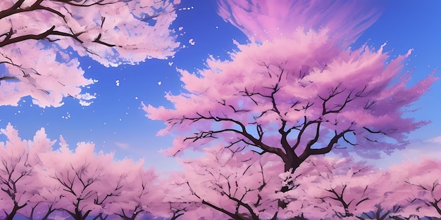 Anime Cherry Blossom Forest Scenic Japanese Pink Sakura Trees Mount Fuji lake reflection day sky