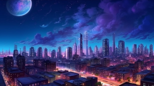 Anime city skyline with moon and stars in the sky generative ai