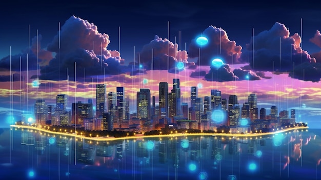 Anime city skyline with rain and clouds in the sky generative ai