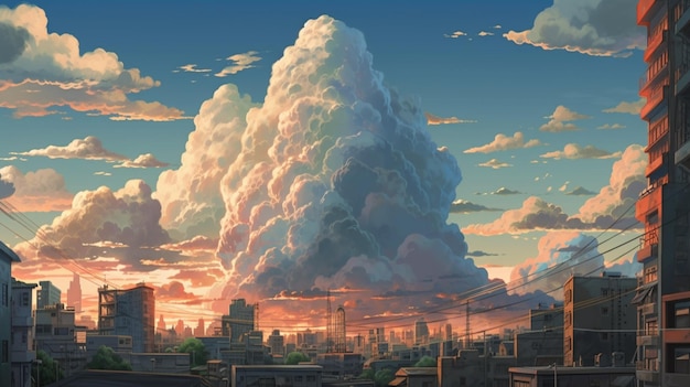 Anime city with a huge cloud in the sky generative ai