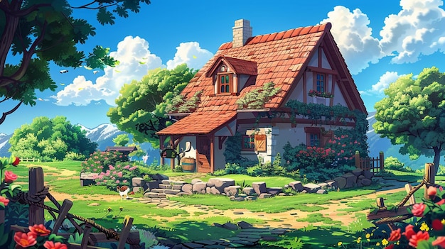 anime cottage with a garden and flowers in the foreground generative ai