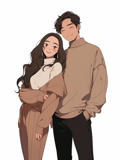 anime couple in brown sweaters and black pants standing next to each other generative ai