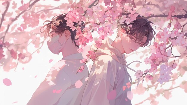 Photo anime couple under cherry blossom tree with pink petals generative ai