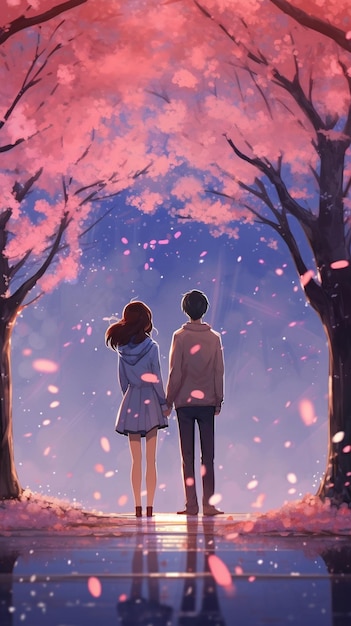 Anime couple standing under a tree with pink flowers in the sky generative ai