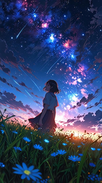 anime couple watching the stars in the sky _Ai generated