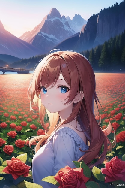 Anime cute kawaii girl character image wallpaper illustration background sunrise sunset young woman