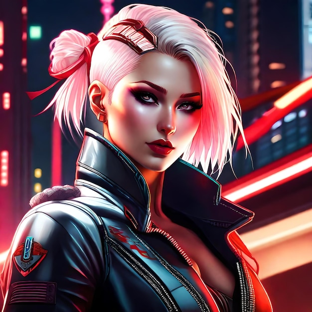 anime cyberpunk white cocasian woman with red bright eyes shaved blond Hair on side with a small c