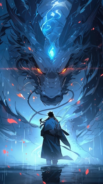 an anime and dragon in blue