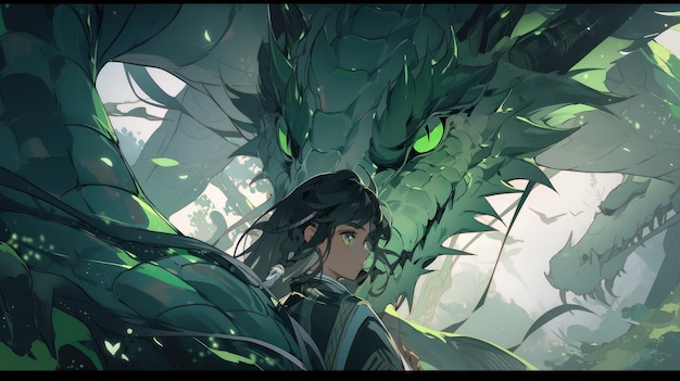 an anime and dragon in green