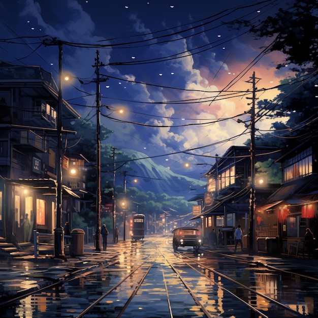 Anime evening with lake painting lighting background Images