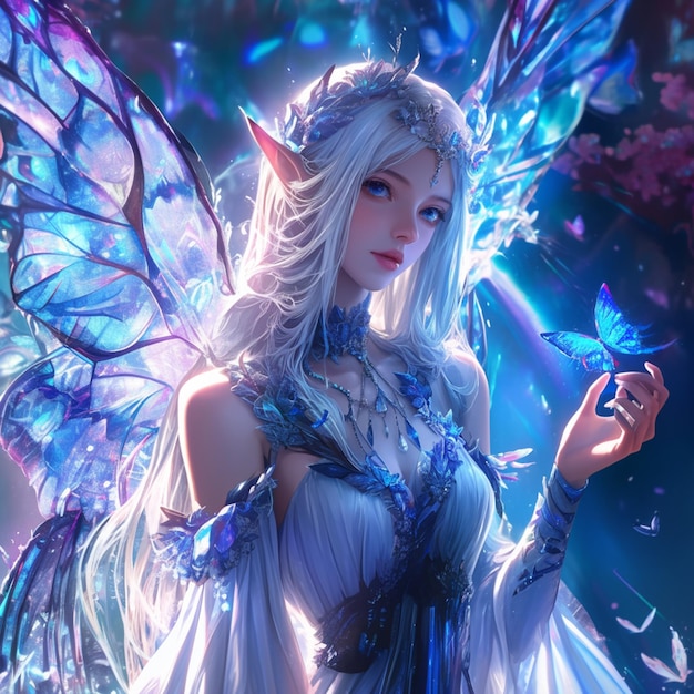 anime fairy with blue wings and a butterfly in her hand generative ai