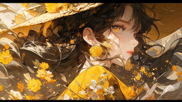 an anime and flower in yellow