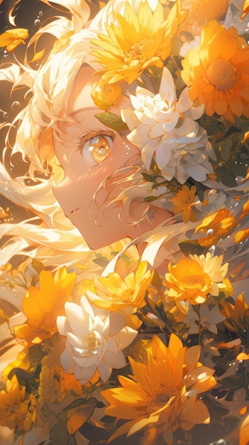 an anime and flower in yellow