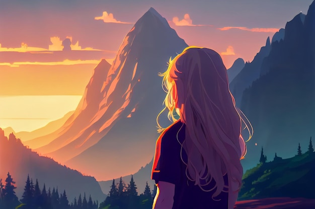 Anime girl admiring the sunset over the mountains Generative AI