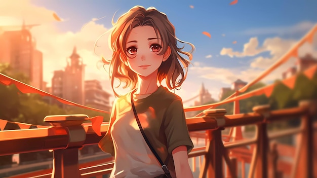 Anime girl on the balcony looking at the city