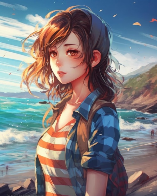 Anime girl on the beach