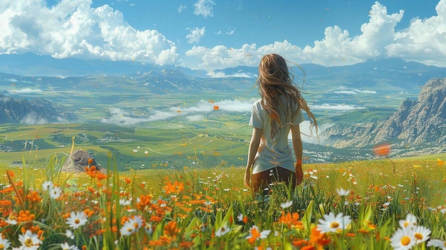 Photo anime girl on beautiful flower meadow mountain landscape wallpaper