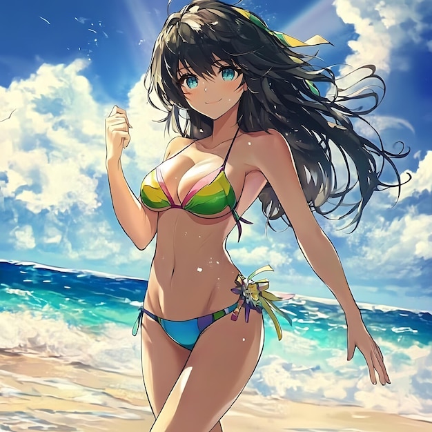 Photo anime girl in bikini on a beach with blue sky and ocean