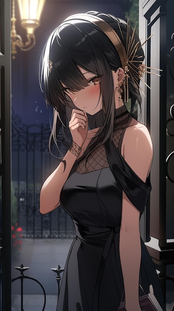 anime girl in black dress standing in front of a gate generative ai