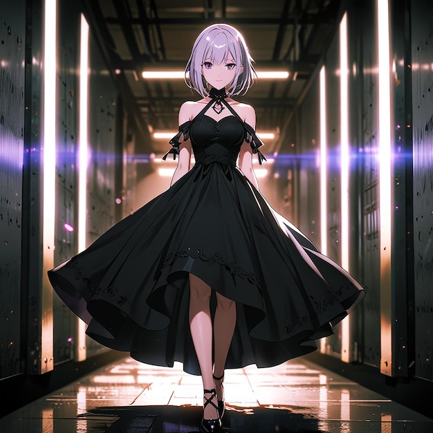 Photo an anime girl in a black dress stands gracefully in a dim stairwell radiating mystery