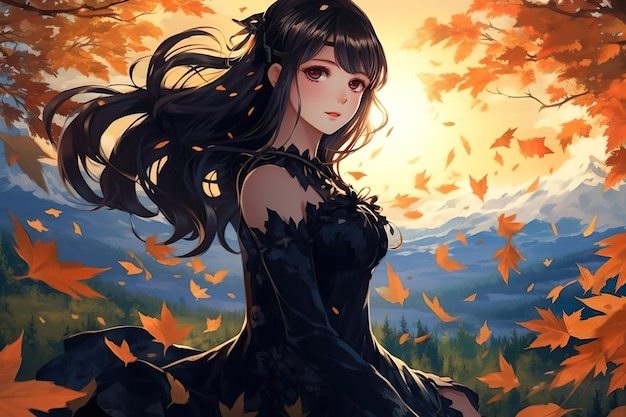 Anime girl in a black dress with leaves on the bottom