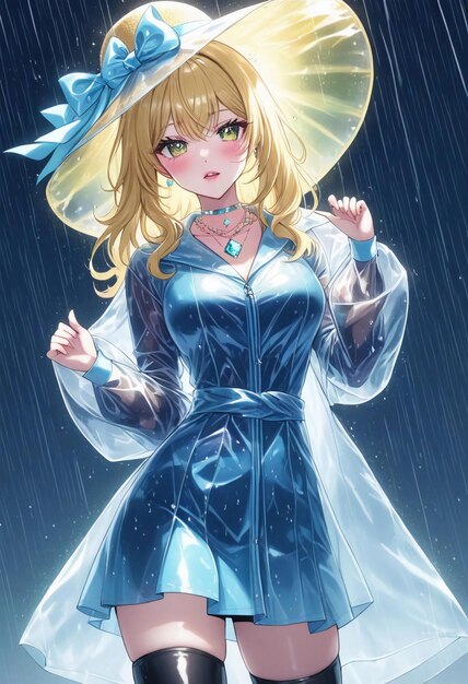 anime girl in a blue dress with a blue hat