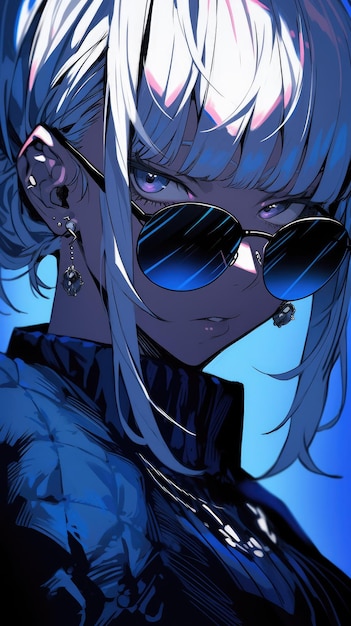 an anime girl in blue with sunglasses