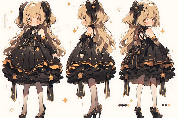 Anime Girl Character Design Turnaround Sheet Cute Kawaii Fashion Style Anime Character Model